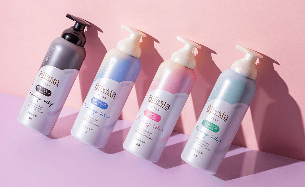 Bifesta facial foam in a bathroom with a visual of dense carbonated foam